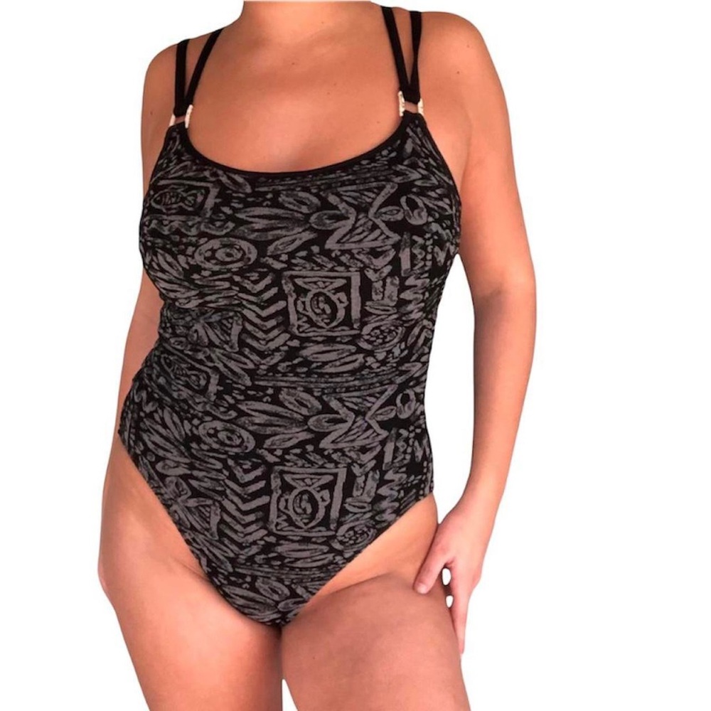 Vintage 80s black and gray tiki print one piece, Mainstream brand, vintage 12